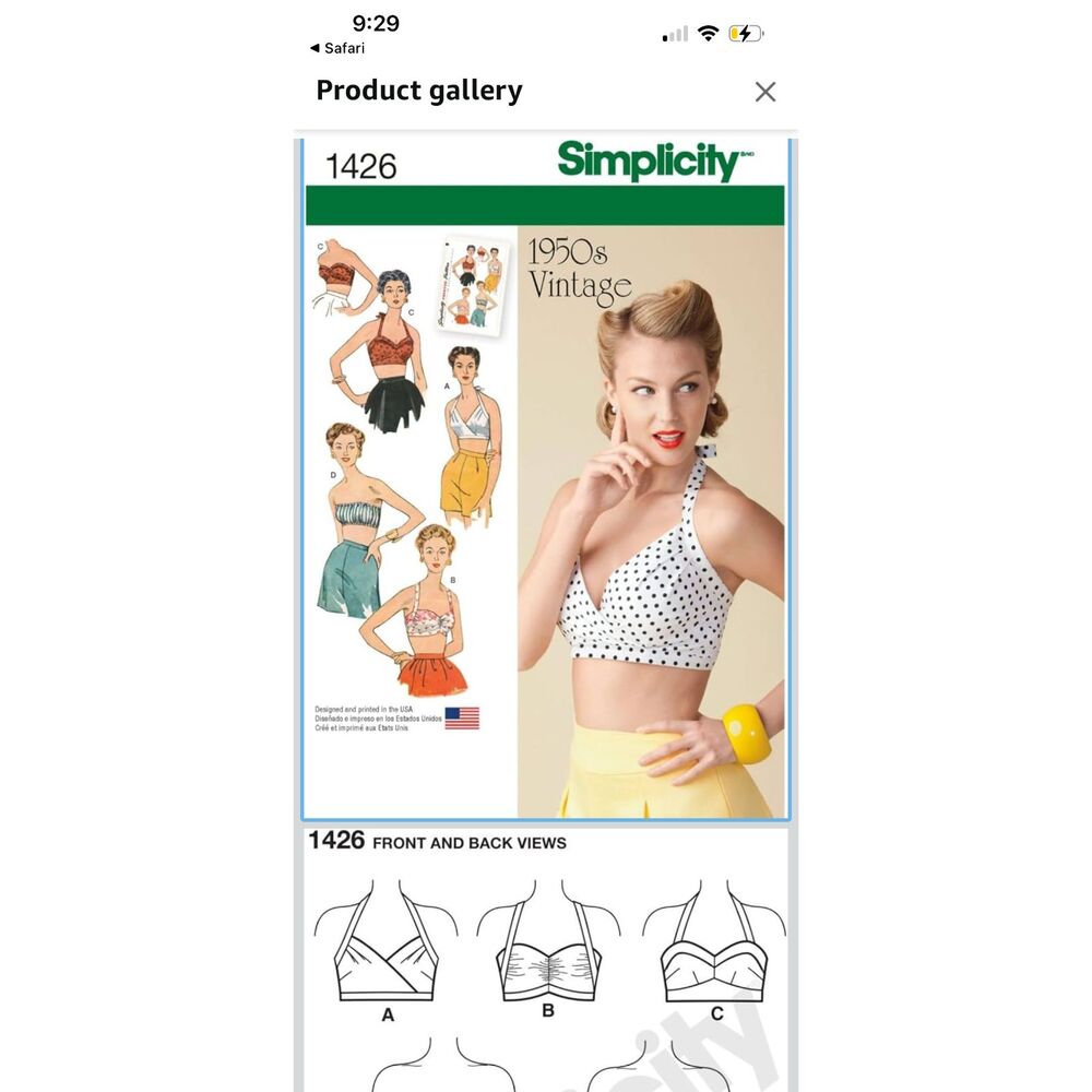 Simplicity Vintage Women's Vintage Fashion 1950's Bra Sewing Pattern Sizes 4-12